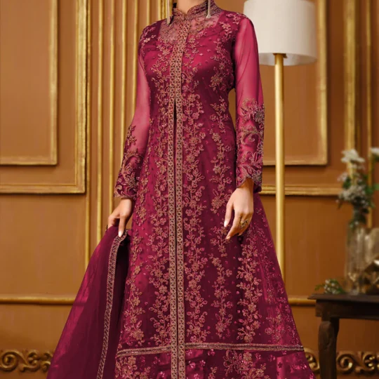 Wine Maroon Embroidered Anarkali Suit