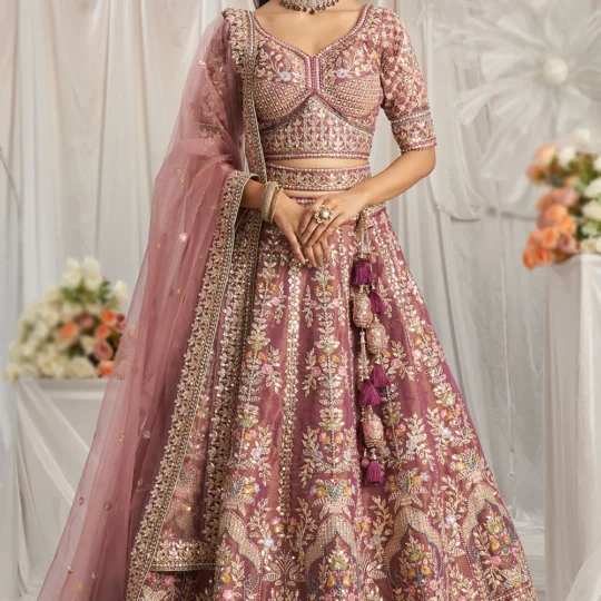 Mauve Pink Embroidered Tissue Lehenga