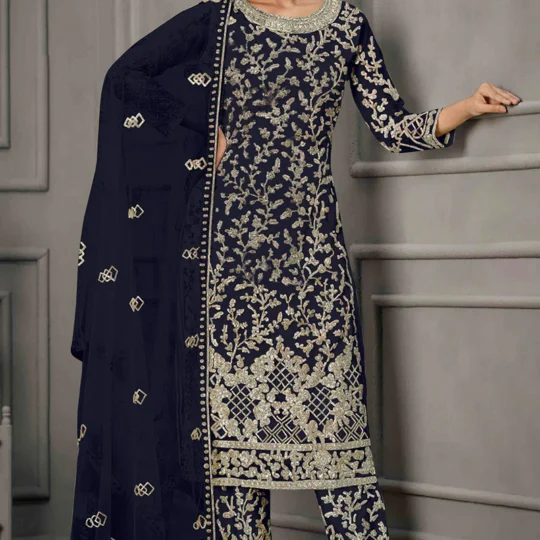 Navy Blue Sequin Embroidered Trouser Suit